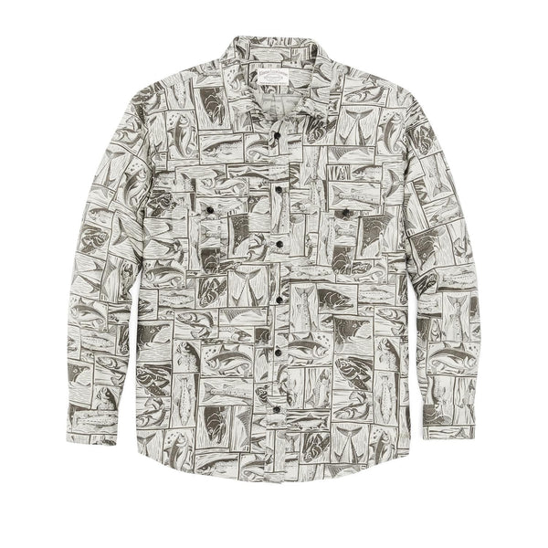 Filson Sport Shirts Lightweight Alaskan Guide Shirt- Stone Brown Cutwork Fish Print