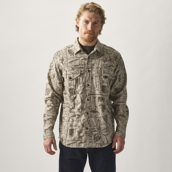 Filson Sport Shirts Lightweight Alaskan Guide Shirt- Stone Brown Cutwork Fish Print