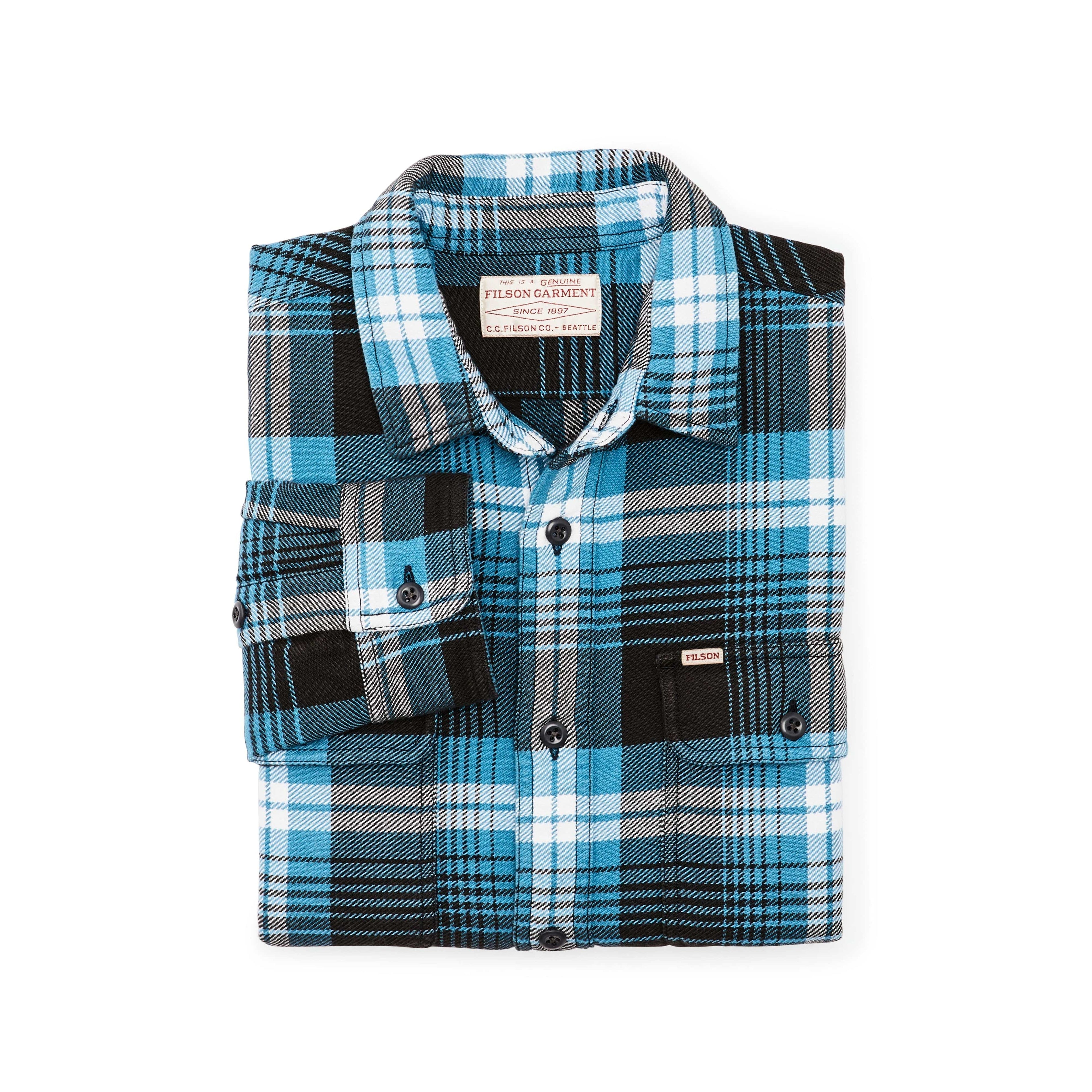 Filson Sport Shirts Vintage Flannel Work Shirt- Blue/Black/Multi Plaid