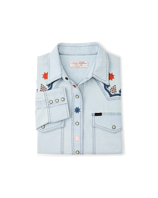 Filson Sport Shirts Women's Embroidered Western Shirt- Light Indigo Chambray / Stars