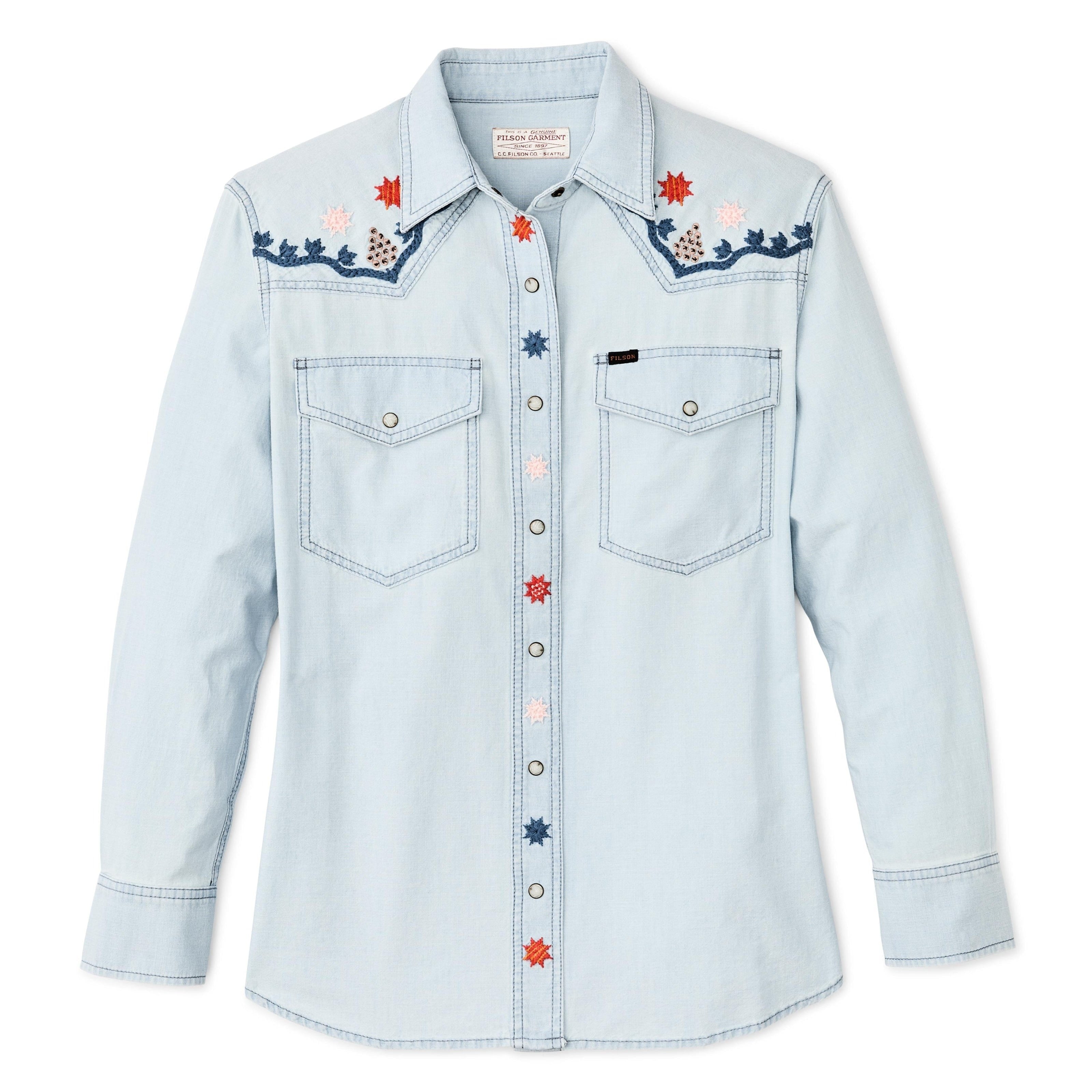 Filson Sport Shirts Women's Embroidered Western Shirt- Light Indigo Chambray / Stars