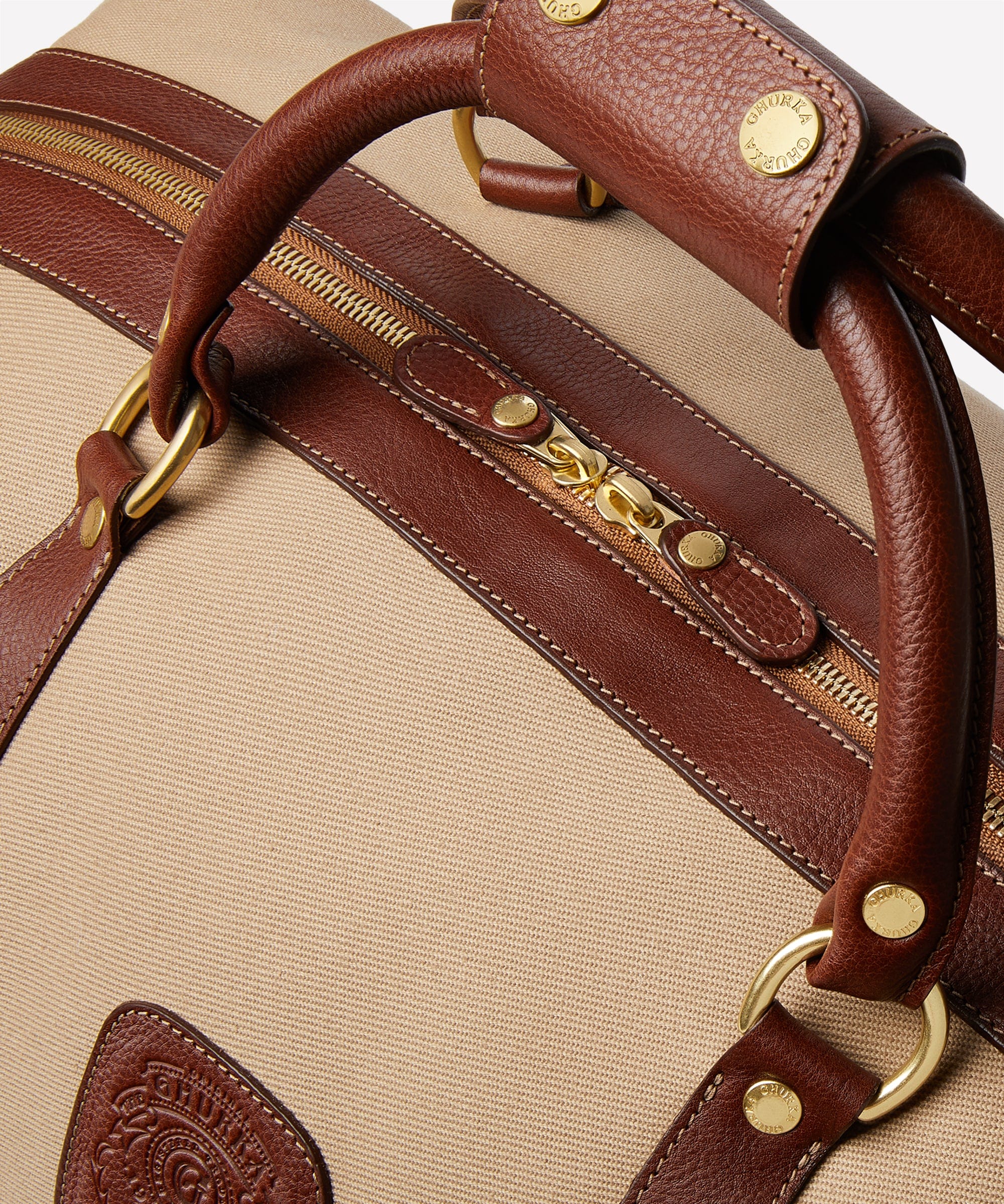 Ghurka Luggage Cavalier I No. 96- Khaki Twill & Vintage Chestnut Leather
