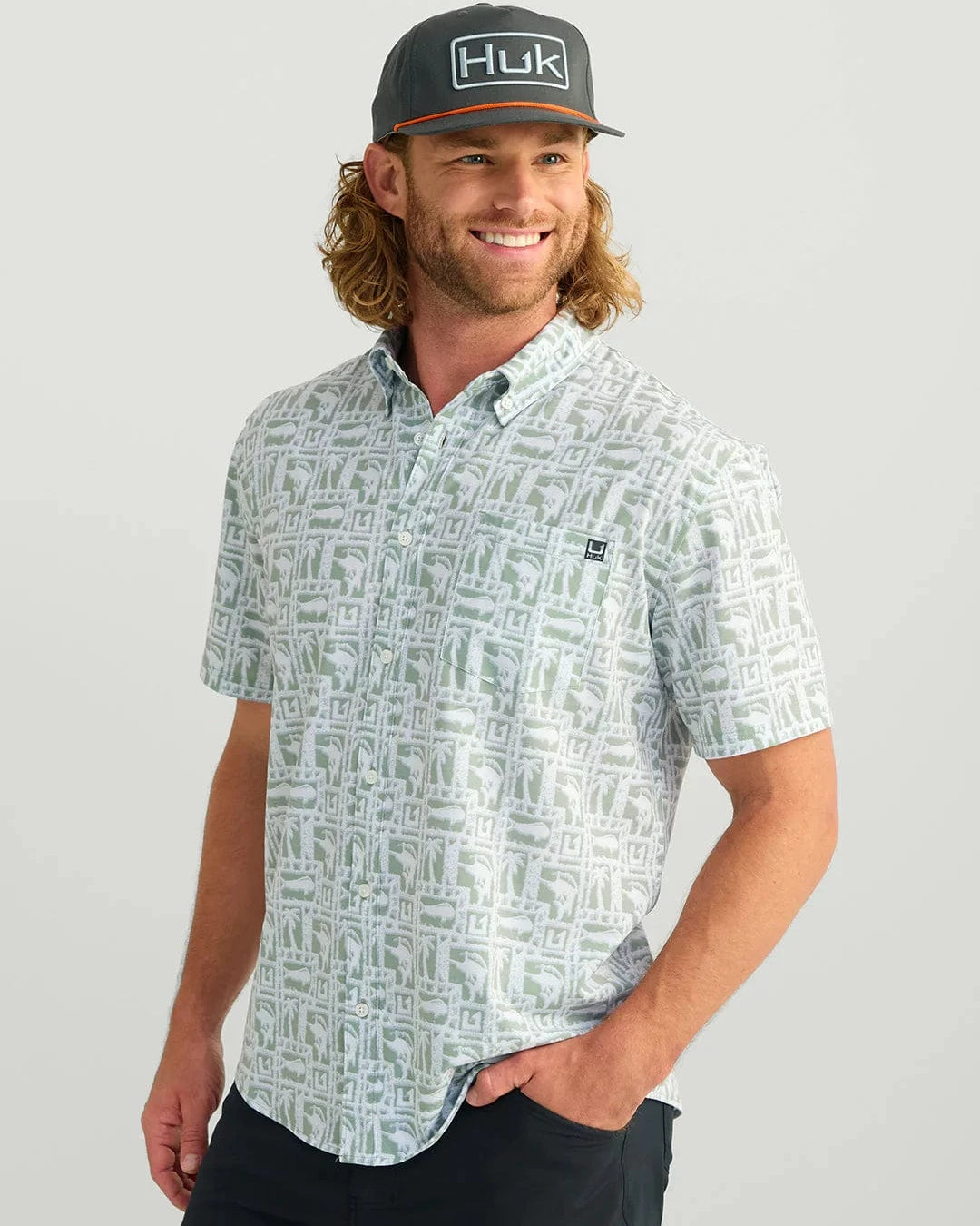 Huk Sport Shirts Kona Button-Down - Fog Green Fish Dot