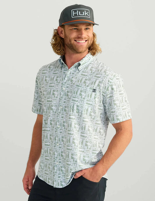 Huk Sport Shirts Kona Button-Down - Fog Green Fish Dot