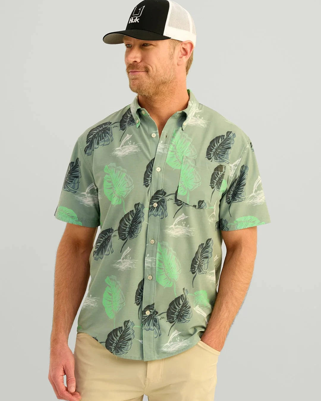 Huk Sport Shirts Kona Button-Down - Fog Green Island Dreaming