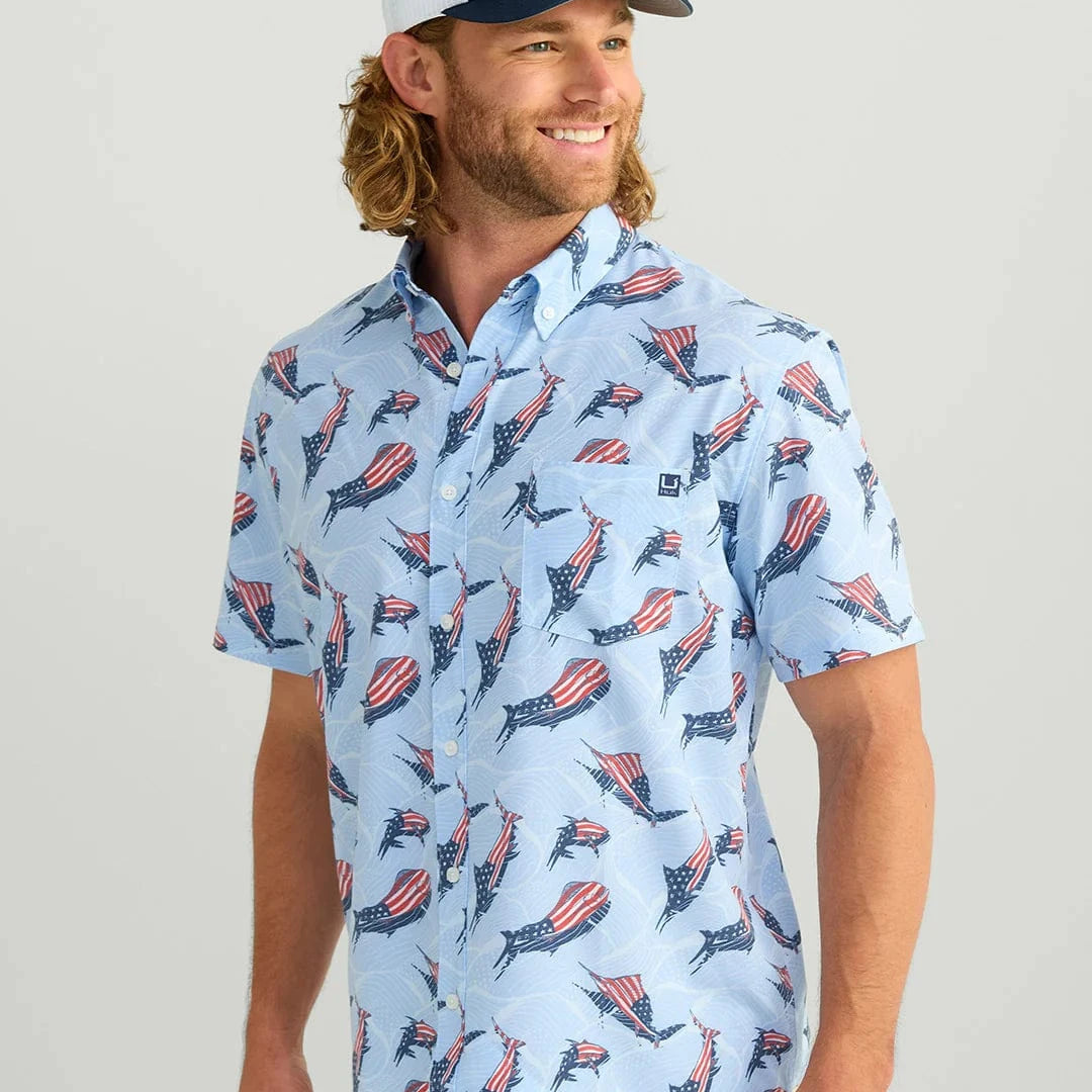 Huk Sport Shirts Kona Button-Down - Windsurfer Fins and Stripes