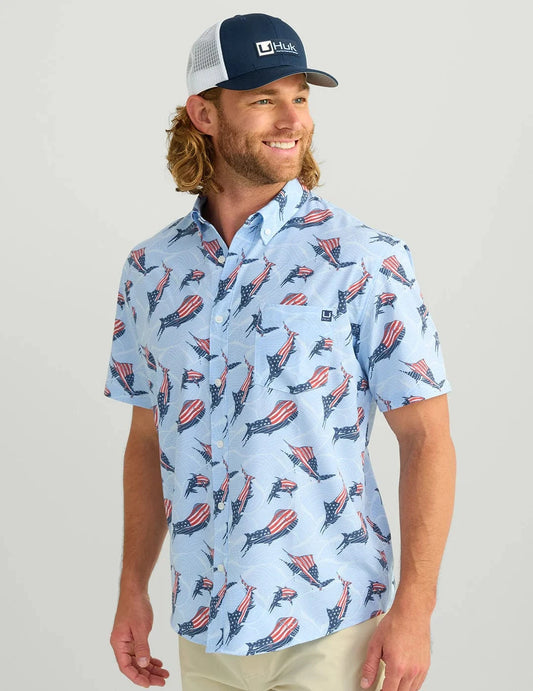 Huk Sport Shirts Kona Button-Down - Windsurfer Fins and Stripes