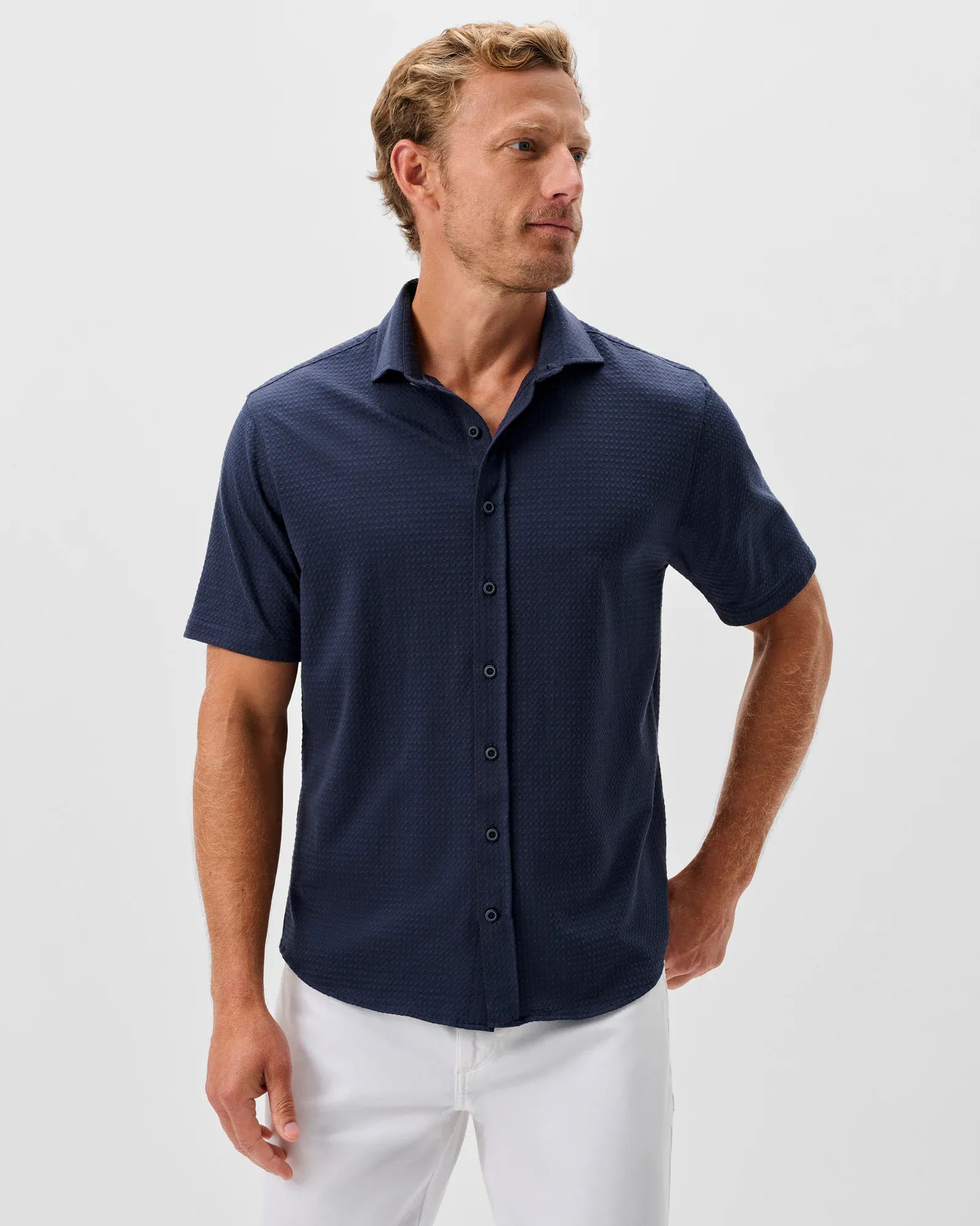 Johnnie-O Camp Shirt Surfsucker Knit Short Sleeve Button Down Shirt in Lake