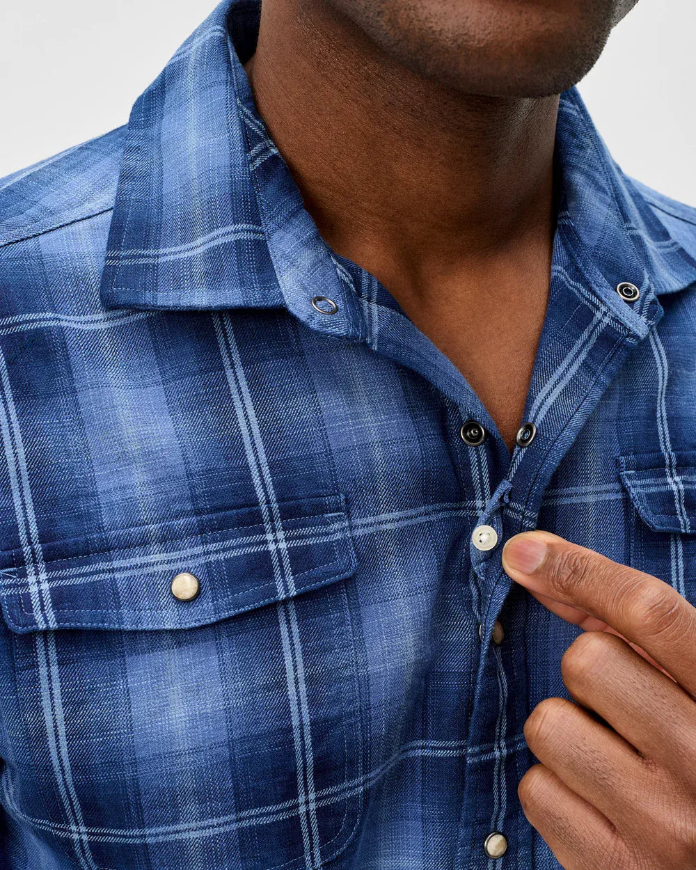 Johnnie-O Sport Shirts Indigo Plaid Snap Button Down