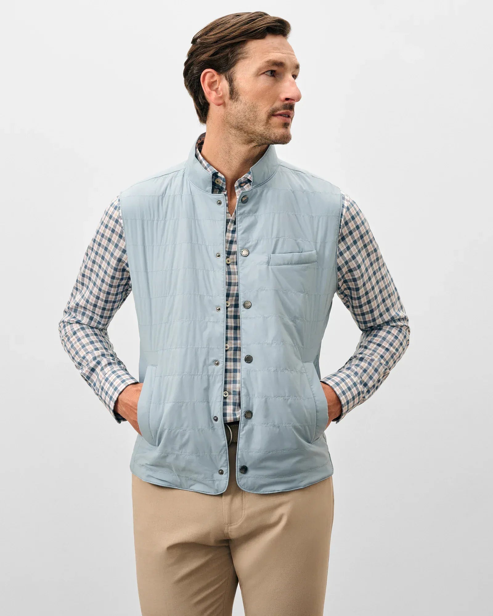 Johnnie-O Vest Bauer Snap Front Quilted Vest in Steel Blue