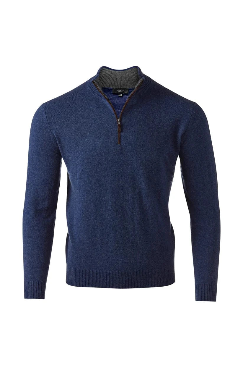 Kinross Cashmere Sweaters INDIGO / S Suede Trim Qzip