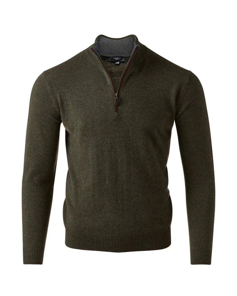 Kinross Cashmere Sweaters OLIVE / M Suede Trim Qzip