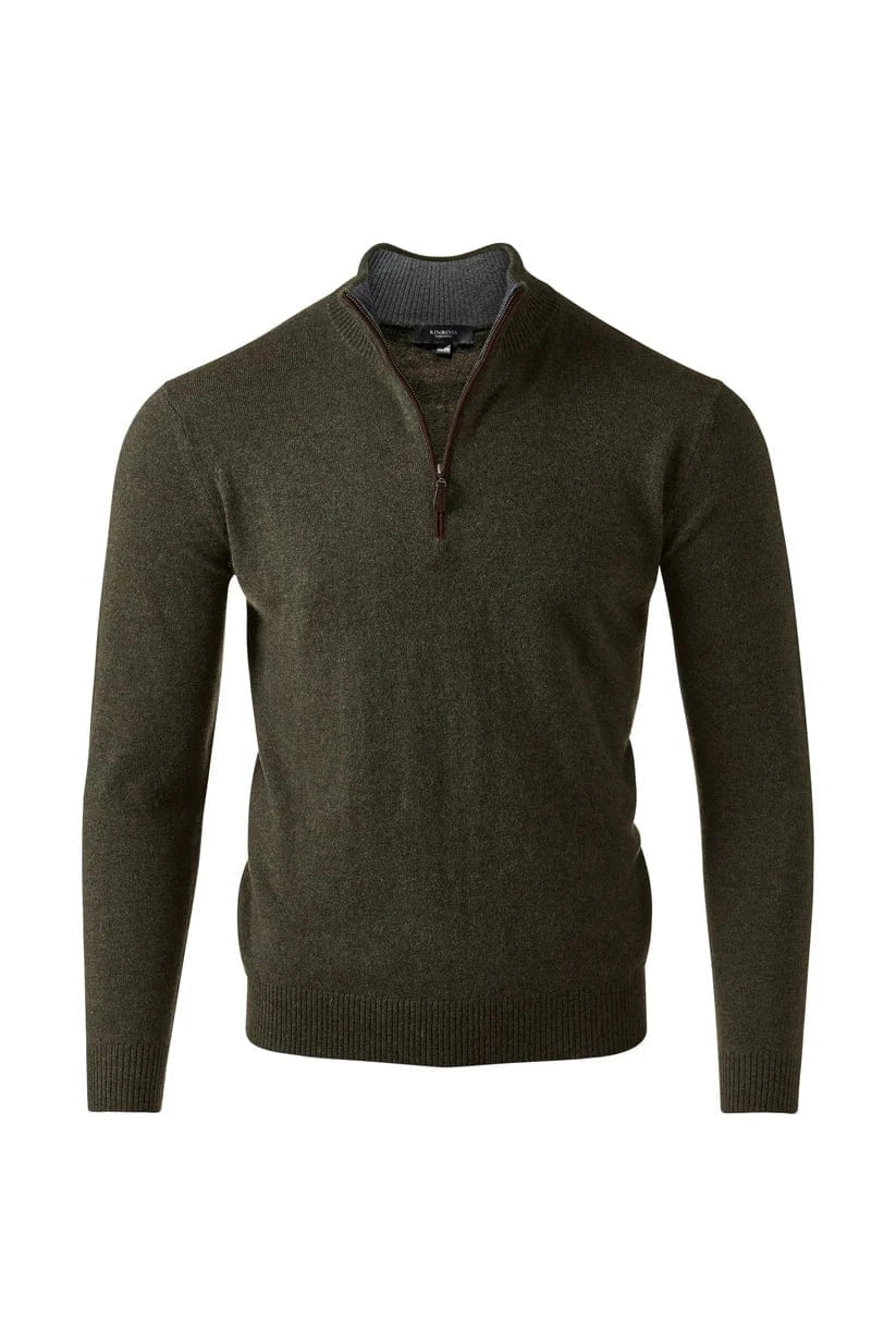 Kinross Cashmere Sweaters OLIVE / M Suede Trim Qzip