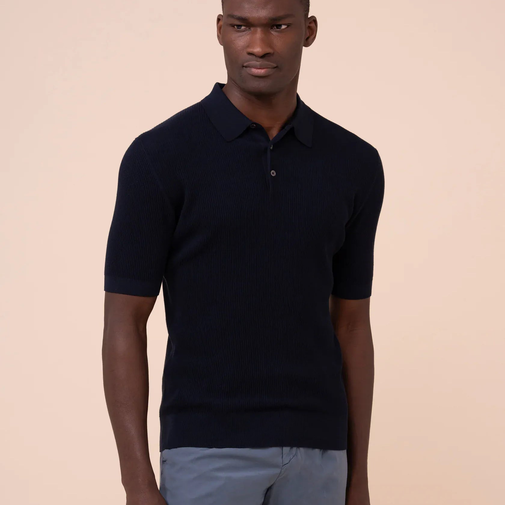 Luigi Fedeli Polos Rafael Giza Organic Cotton Short Sleeve Polo in Midnight Blue
