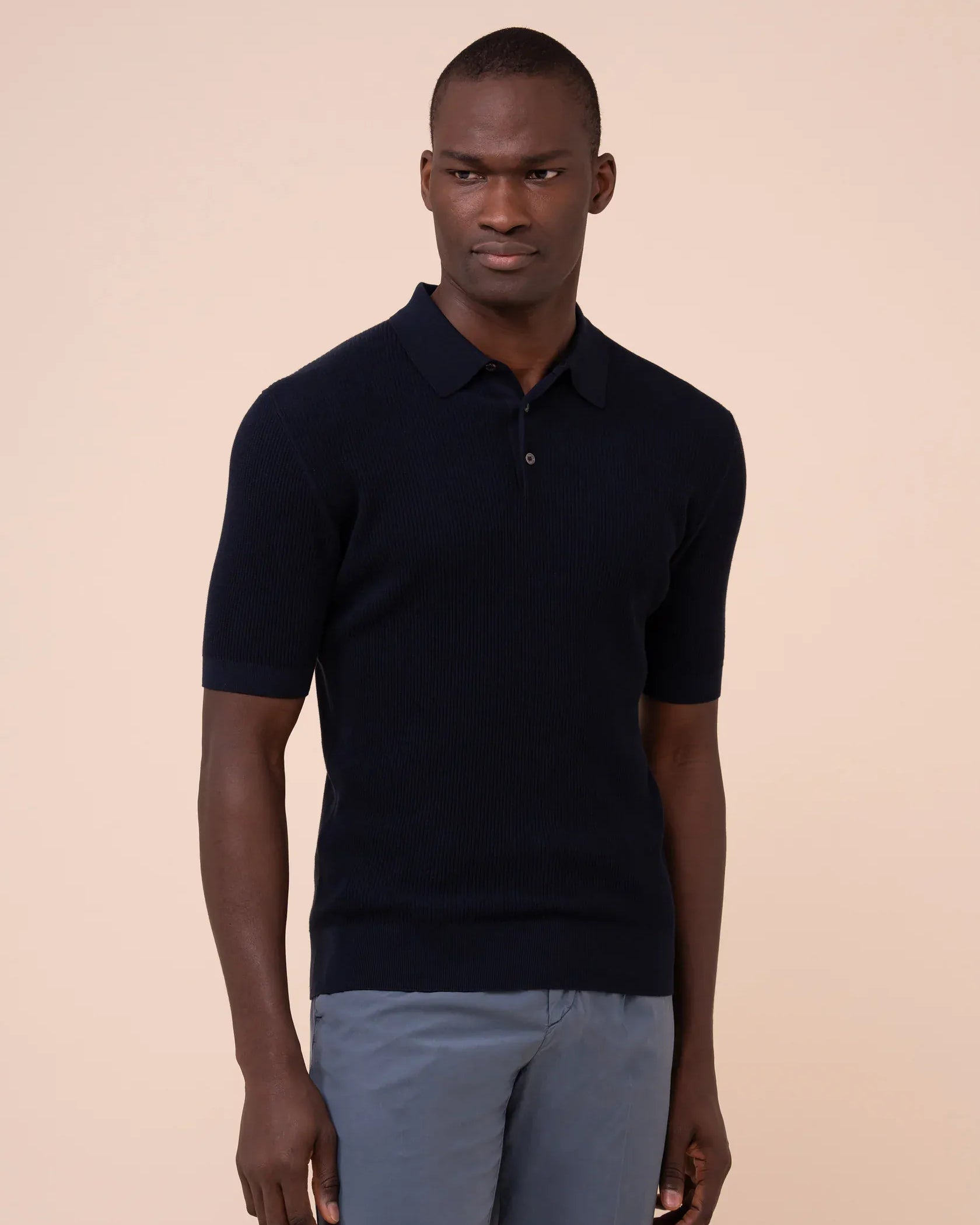 Luigi Fedeli Polos Rafael Giza Organic Cotton Short Sleeve Polo in Midnight Blue
