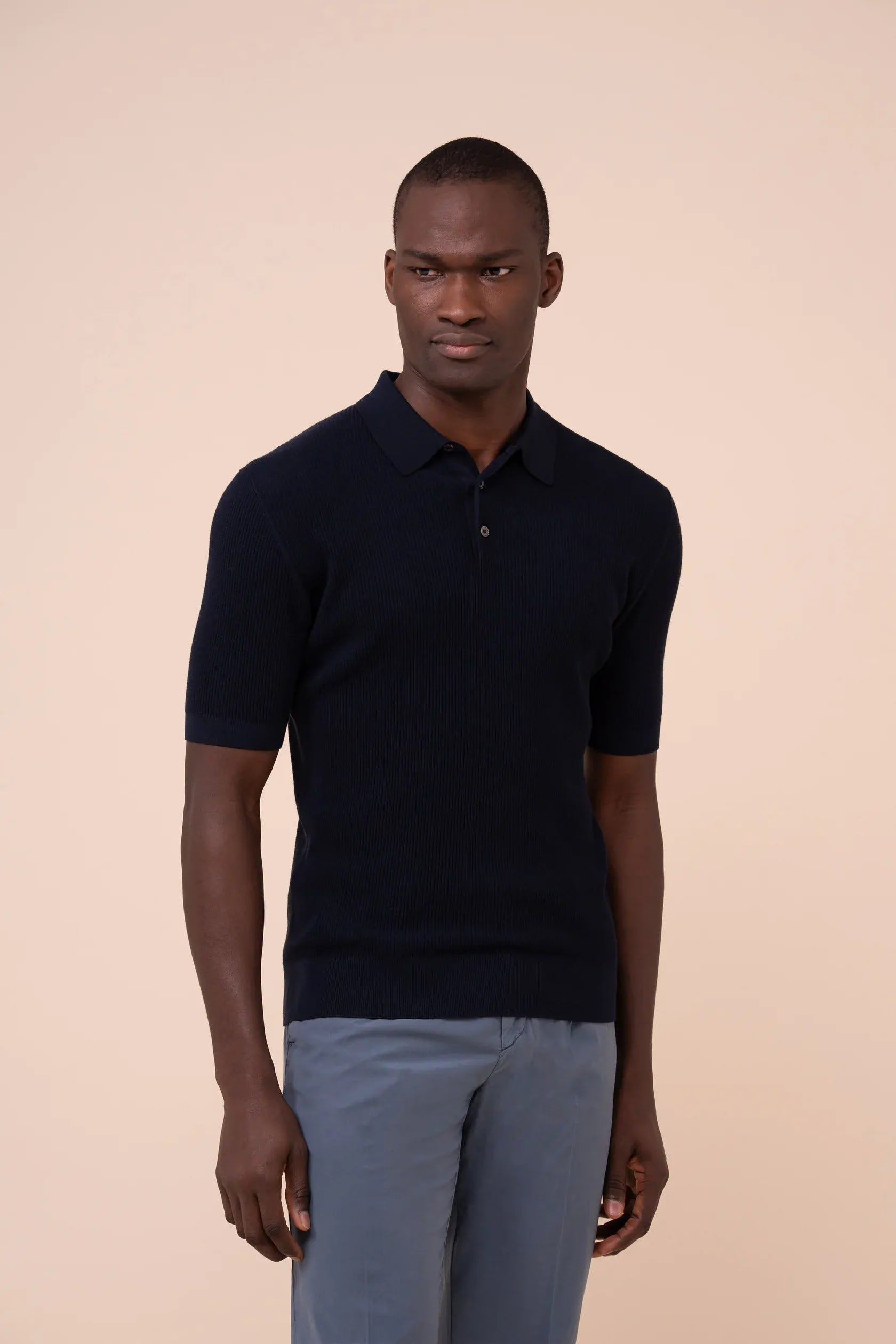 Luigi Fedeli Polos Rafael Giza Organic Cotton Short Sleeve Polo in Midnight Blue