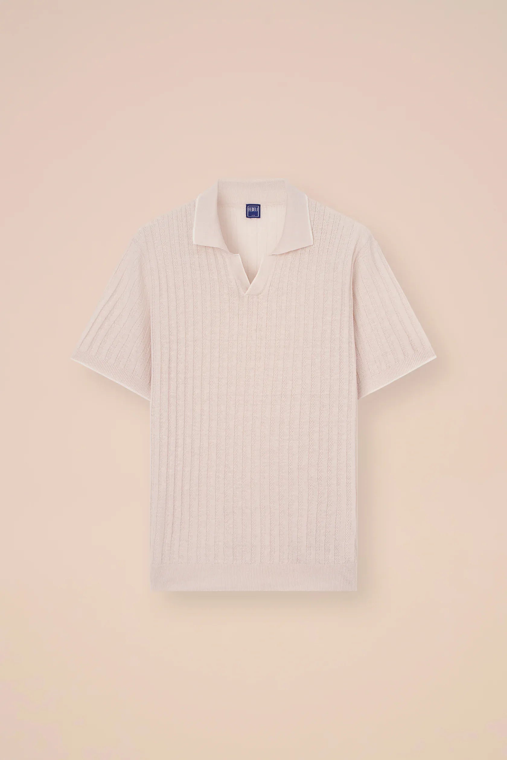 Luigi Fedeli Polos Soul Cotton and Linen Ribbed V-Neck Polo in Cream
