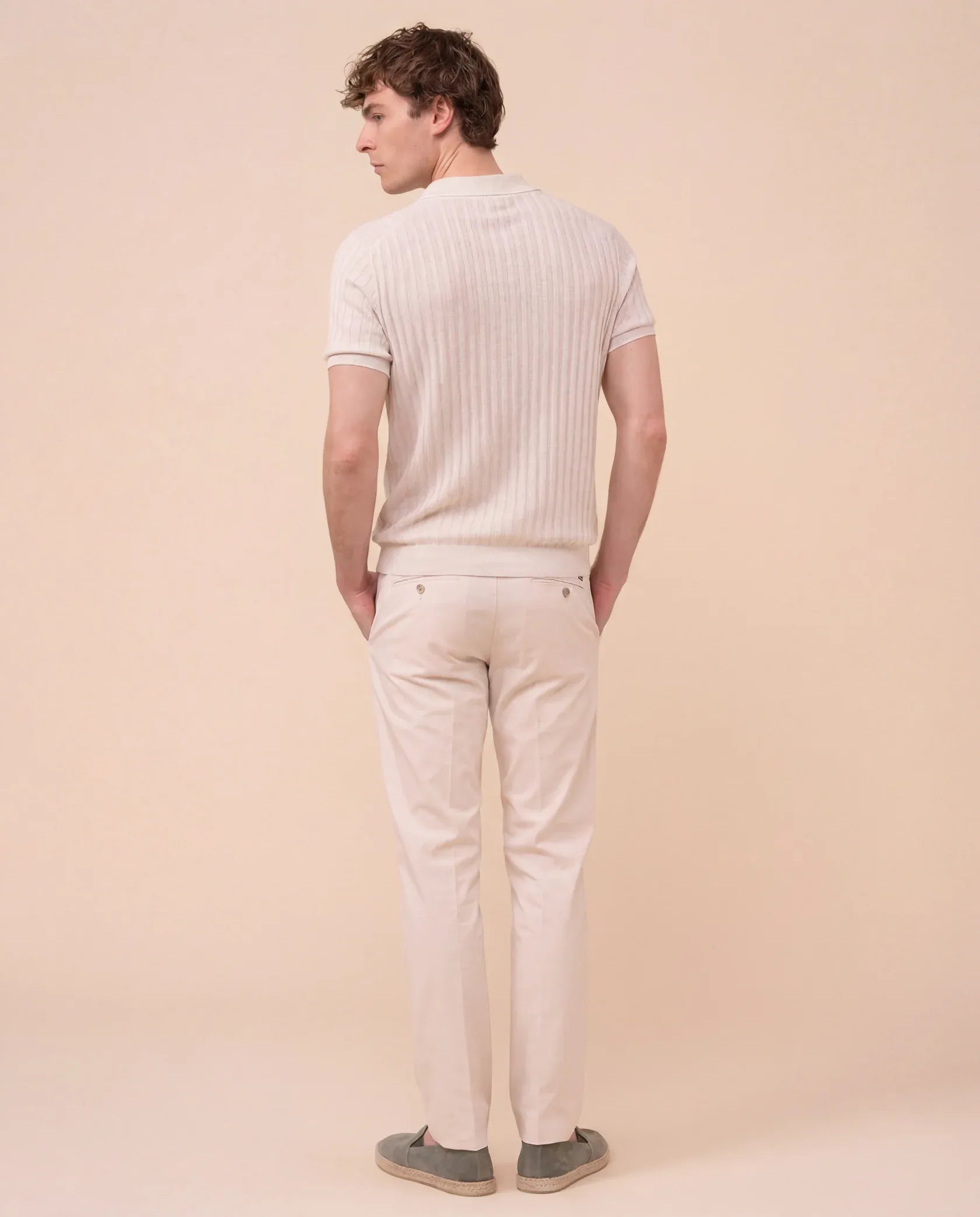 Luigi Fedeli Polos Soul Cotton and Linen Ribbed V-Neck Polo in Cream