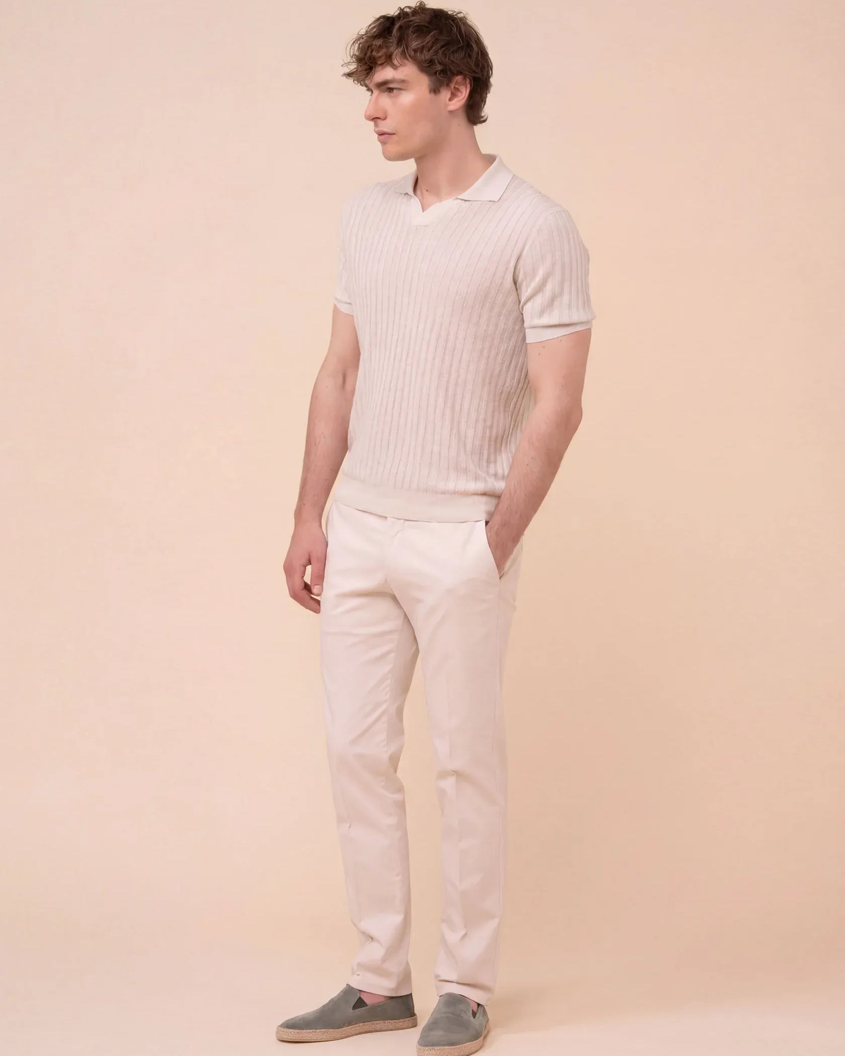Luigi Fedeli Polos Soul Cotton and Linen Ribbed V-Neck Polo in Cream