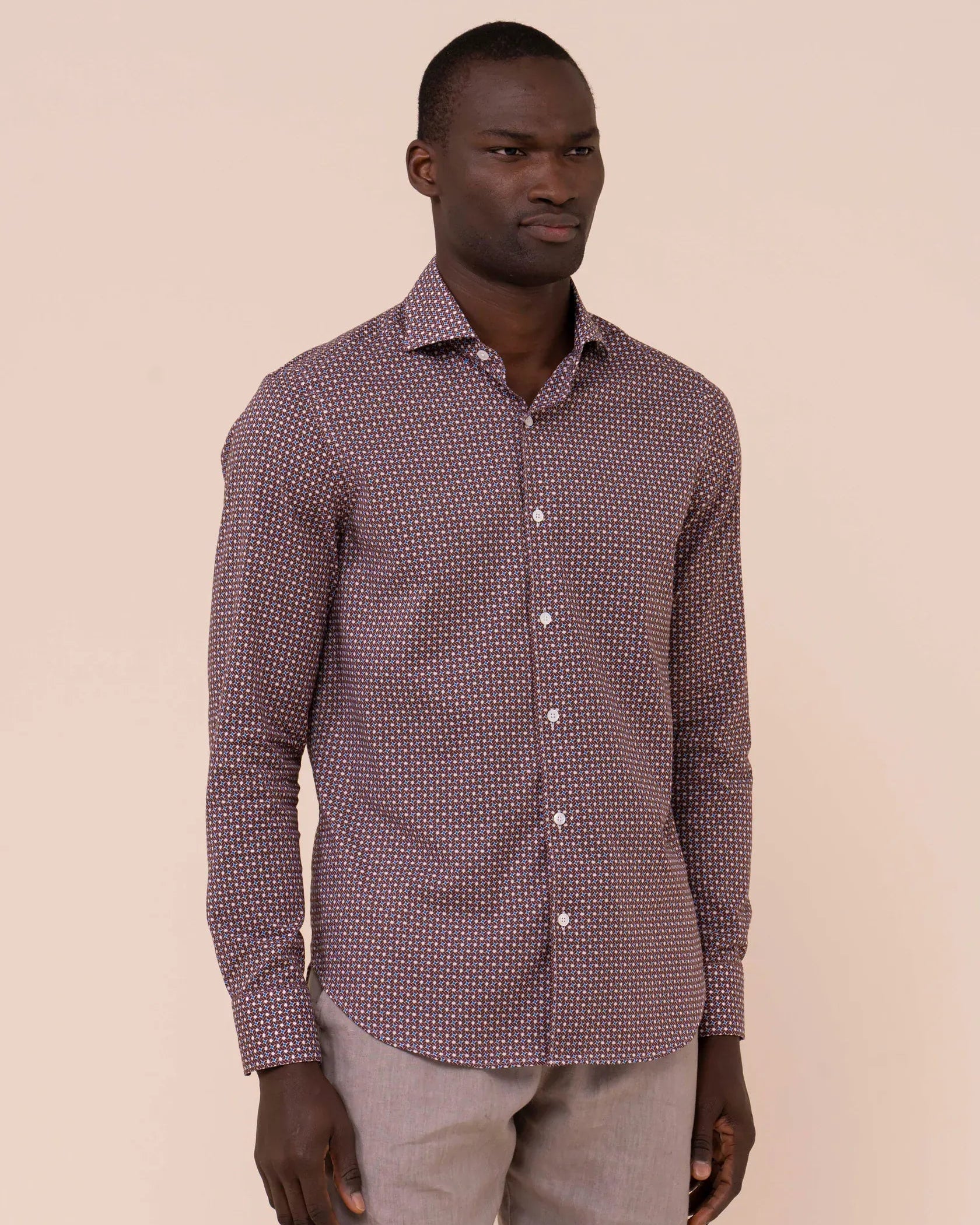 Luigi Fedeli Sport Shirts Sean Cotton Voile Printed Shirt in Geometric Pattern