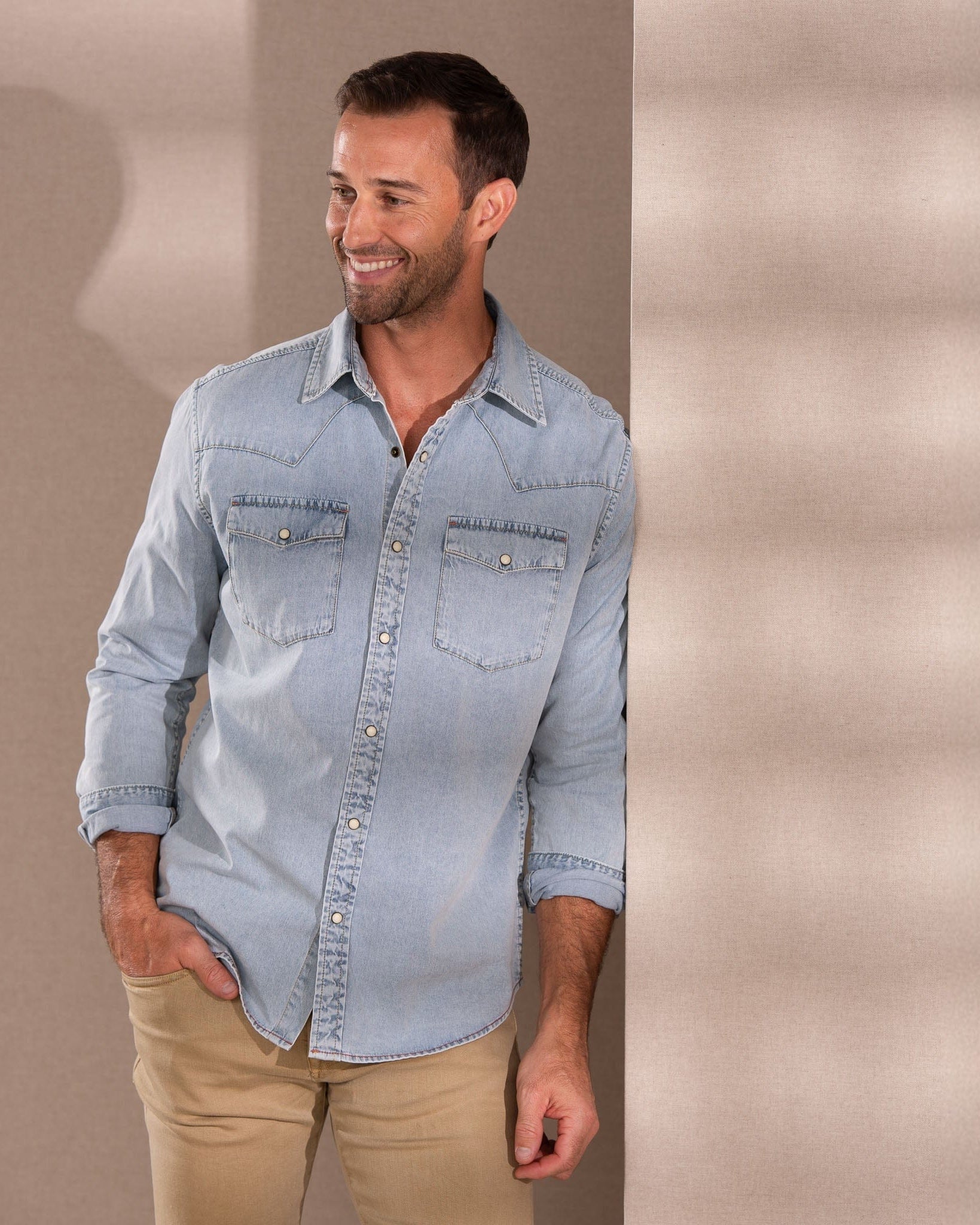 Madison Creek Outfitters Sport Shirts Bisley Washed Denim Western Shirt in Chambray