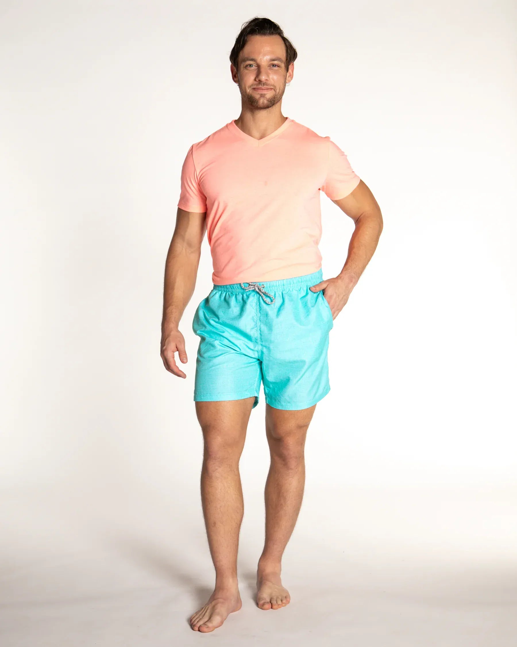 Michael's Swimwear Solid Linen Aqua Swim Trunks
