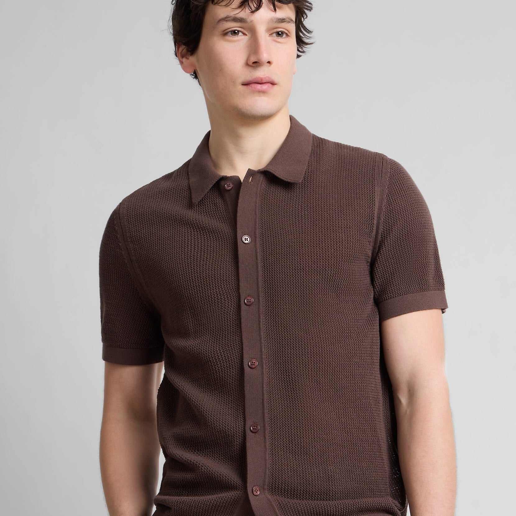 Onia Camp Shirt Crochet Knit Button Up Shirt in Espresso