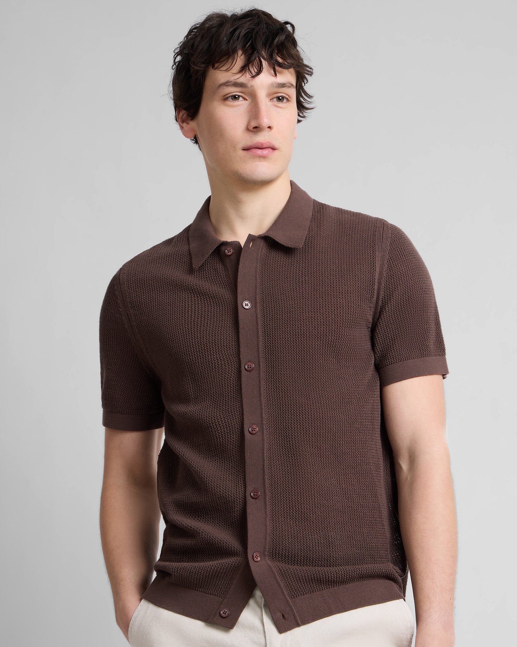 Onia Camp Shirt Crochet Knit Button Up Shirt in Espresso