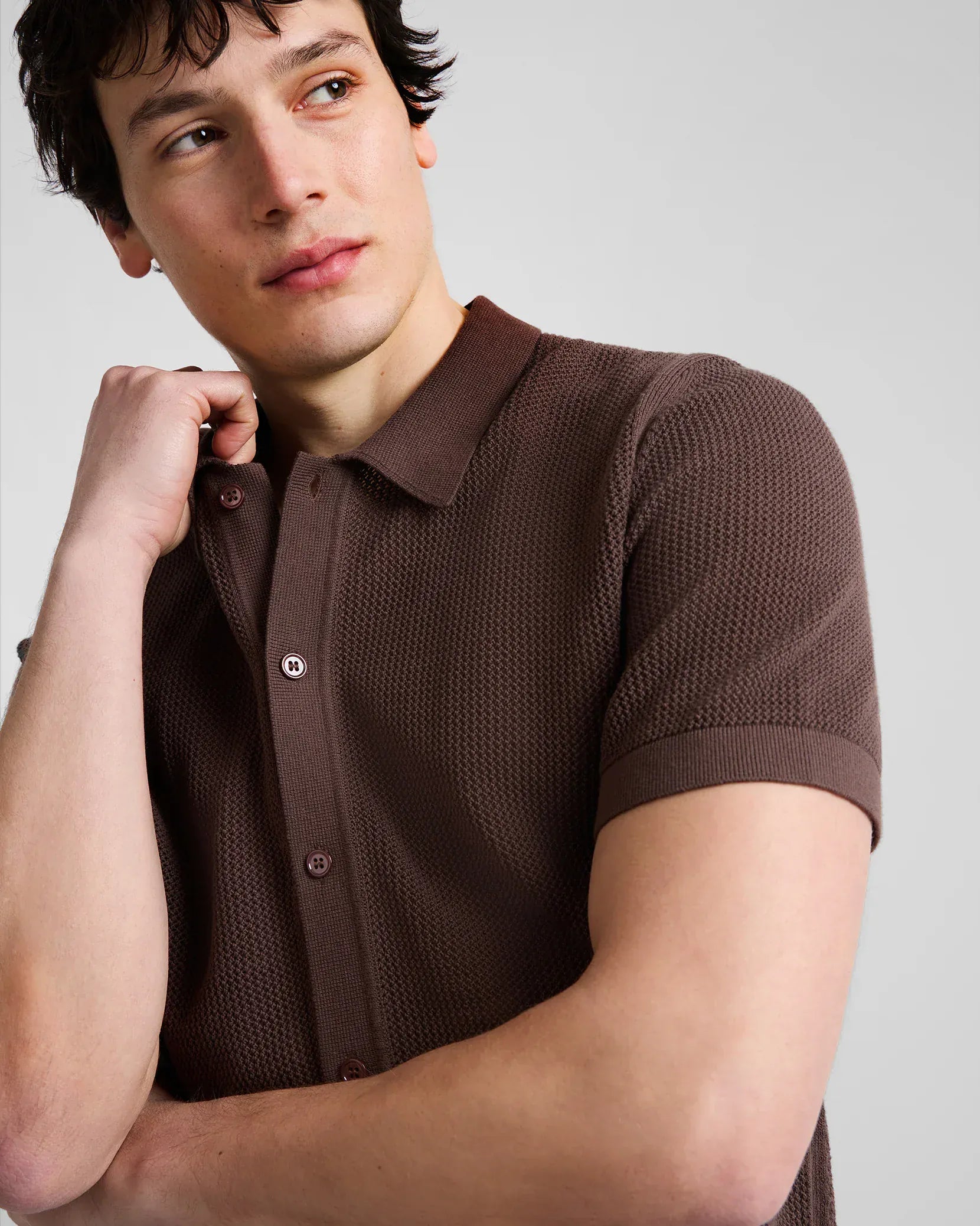 Onia Camp Shirt Crochet Knit Button Up Shirt in Espresso