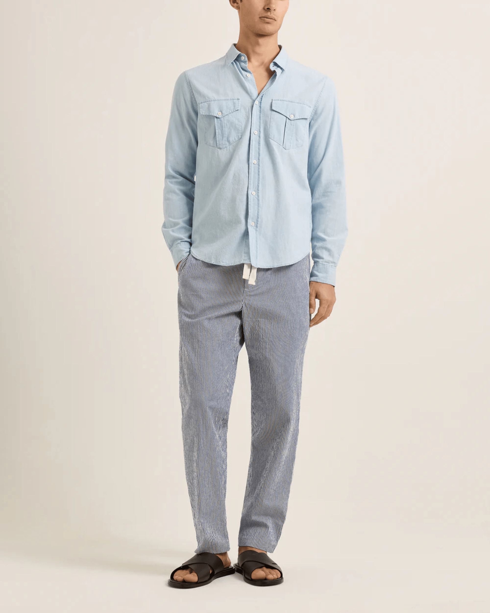 Orlebar Brown 5-Pockets Relaxed Fit Seersucker Stripe Trouser In Blueberry/ White Stripe