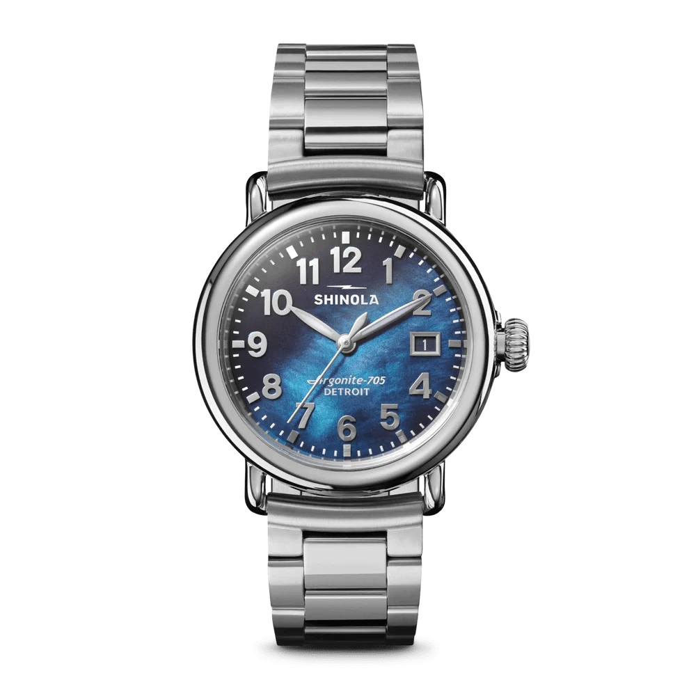 Shinola Watches MOTHER OF PEARL SILVER Runwell 3HD - Cadet Blue - 36mm