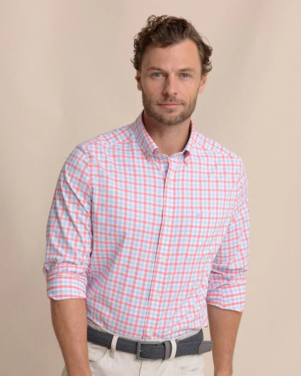 Southern Tide Sport Shirts Albemarle Gingham brrr°® Intercoastal Sport Shirt in Sunkist Coral
