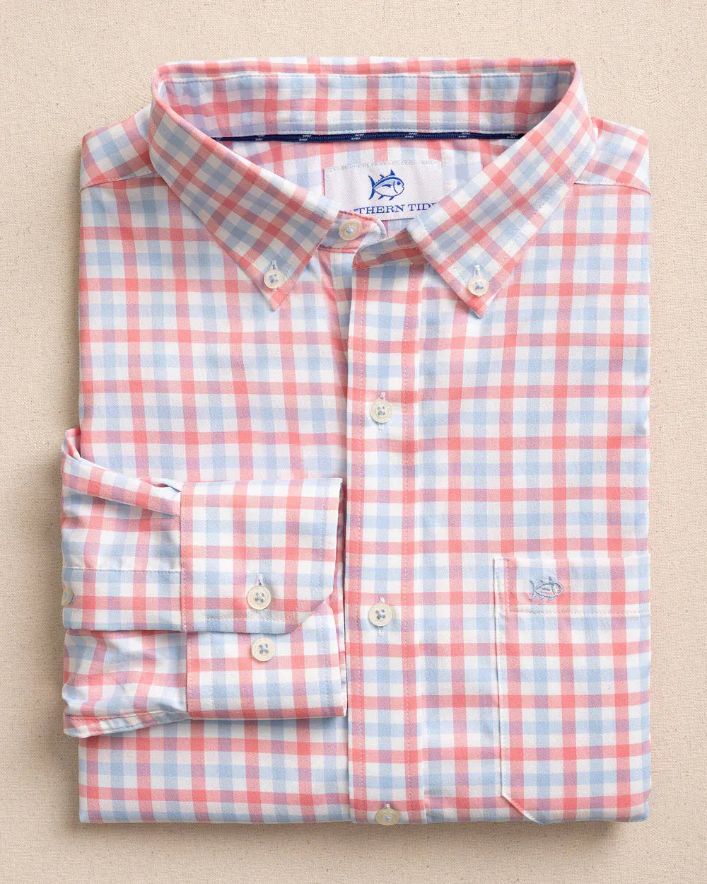 Southern Tide Sport Shirts Albemarle Gingham brrr°® Intercoastal Sport Shirt in Sunkist Coral