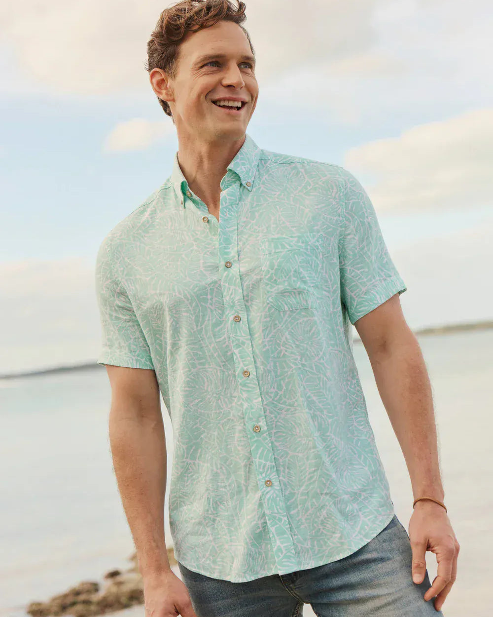 Southern Tide Sport Shirts Beach Palms Linen Sport Shirt