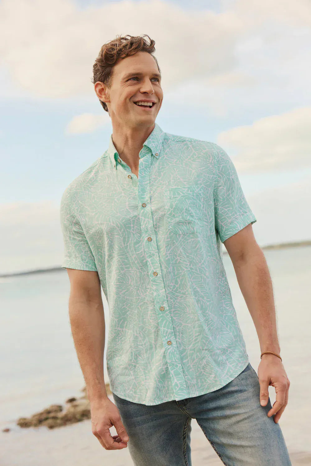 Southern Tide Sport Shirts Beach Palms Linen Sport Shirt