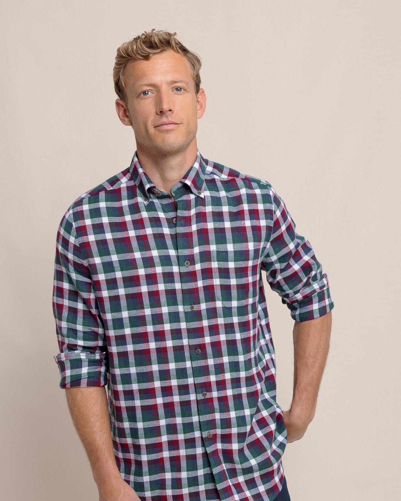 Southern Tide Sport Shirts Cobblestone Plaid Beach Flannel Sport Shirt- Muscadine