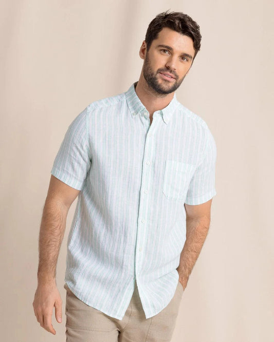 Southern Tide Sport Shirts Crepe Myrtle Striped Linen Short Sleeve Sport Shirt