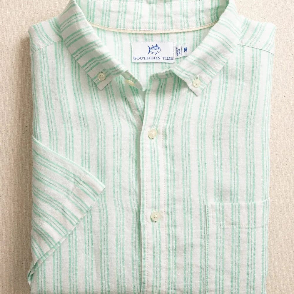 Southern Tide Sport Shirts Jade Green / L Crepe Myrtle Striped Linen Short Sleeve Sport Shirt