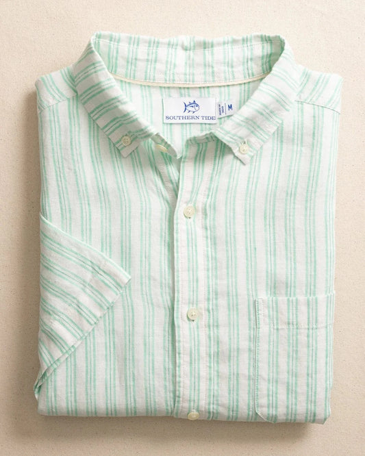 Southern Tide Sport Shirts Jade Green / L Crepe Myrtle Striped Linen Short Sleeve Sport Shirt