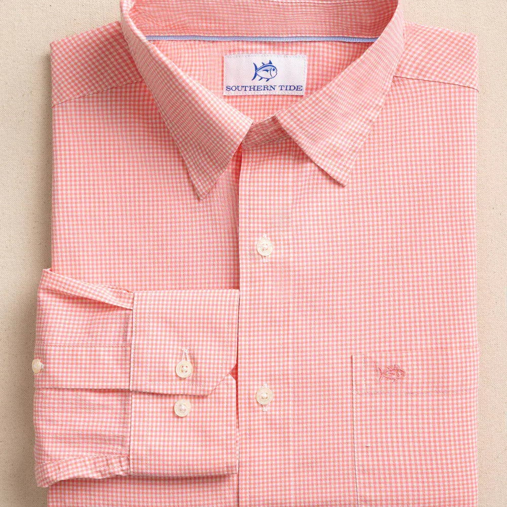 Southern Tide Sport Shirts SUNKIST CORAL / S Charleston Parkwood Micro-Gingham Long Sleeve Sport