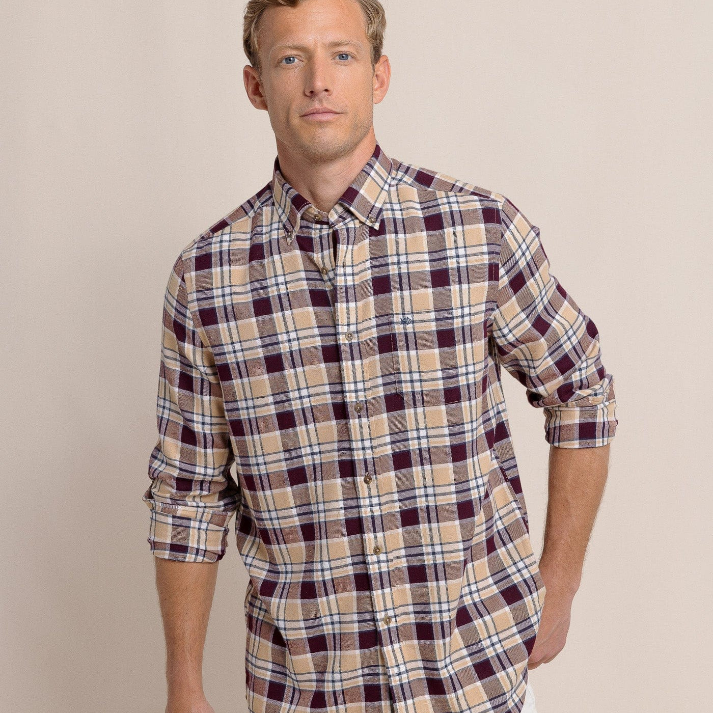 Southern Tide Sport Shirts Sweetgrass Plaid Beach Flannel Long Sleeve Sport Shirt- Merlot