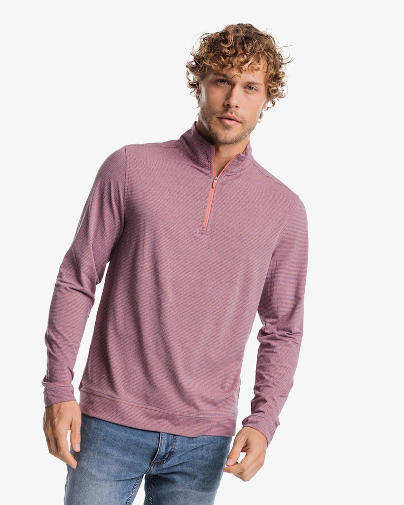 Southern Tide Sweaters Cruiser Heather Micro-Stripe Performance Quarter Zip Pullover- Dusty Coral