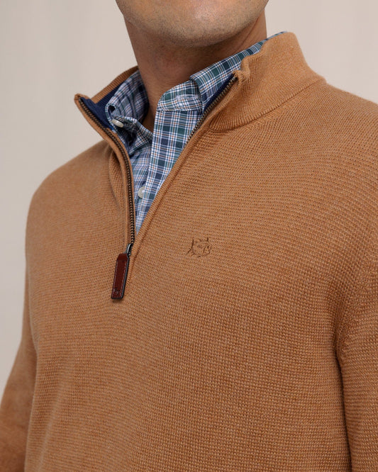 Southern Tide Sweaters Oakatie Heather Quarter Zip Sweater- Heather Hazelnut Khaki