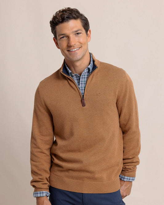 Southern Tide Sweaters Oakatie Heather Quarter Zip Sweater- Heather Hazelnut Khaki