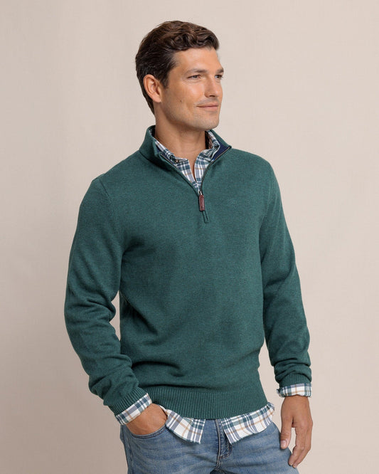 Southern Tide Sweaters Oakatie Heather Quarter Zip Sweater- Heather Salt Meadow