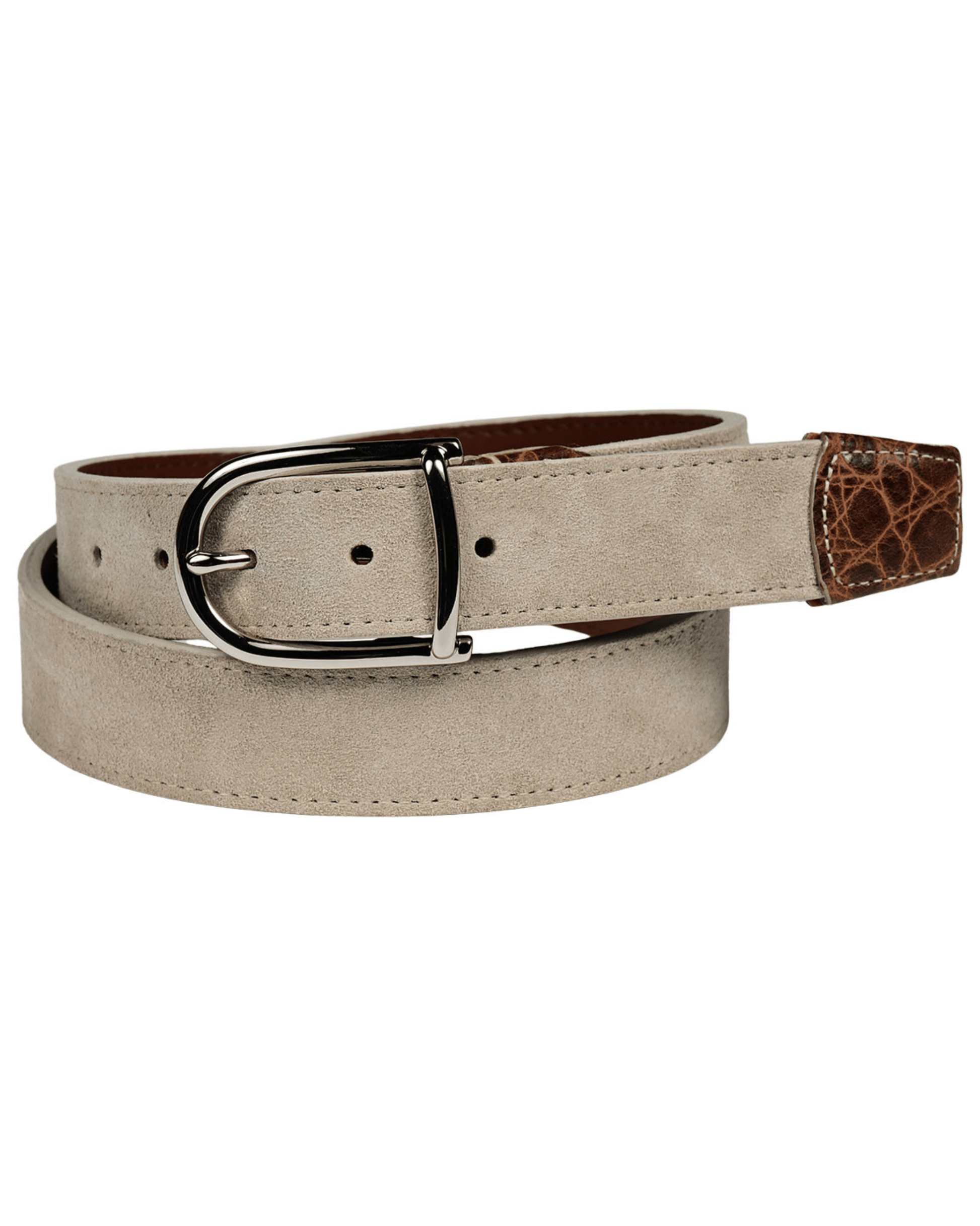 Torino Leather Company Belt Suede Calfskin Casual Belt with Crocodile-Embossed Calfskin Tabs in Tundra