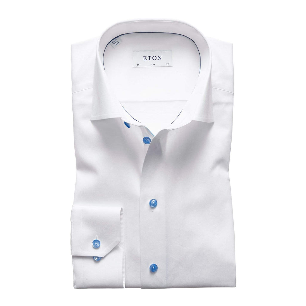 Eton Dress Shirts Slim Fit White Twill w/Blue Detail