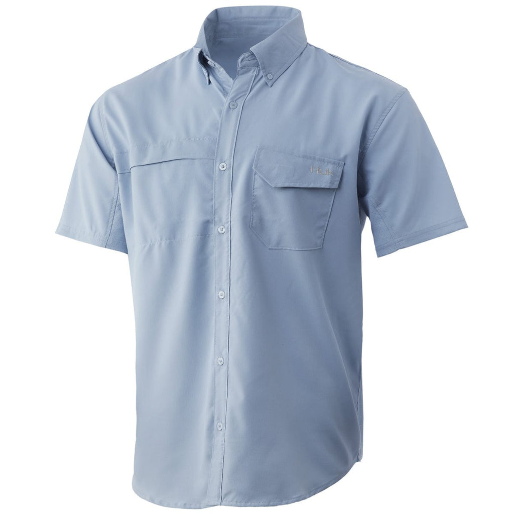 Huk Sport Shirts Tide Point Solid Short Sleeve Button Down- Blue Fog